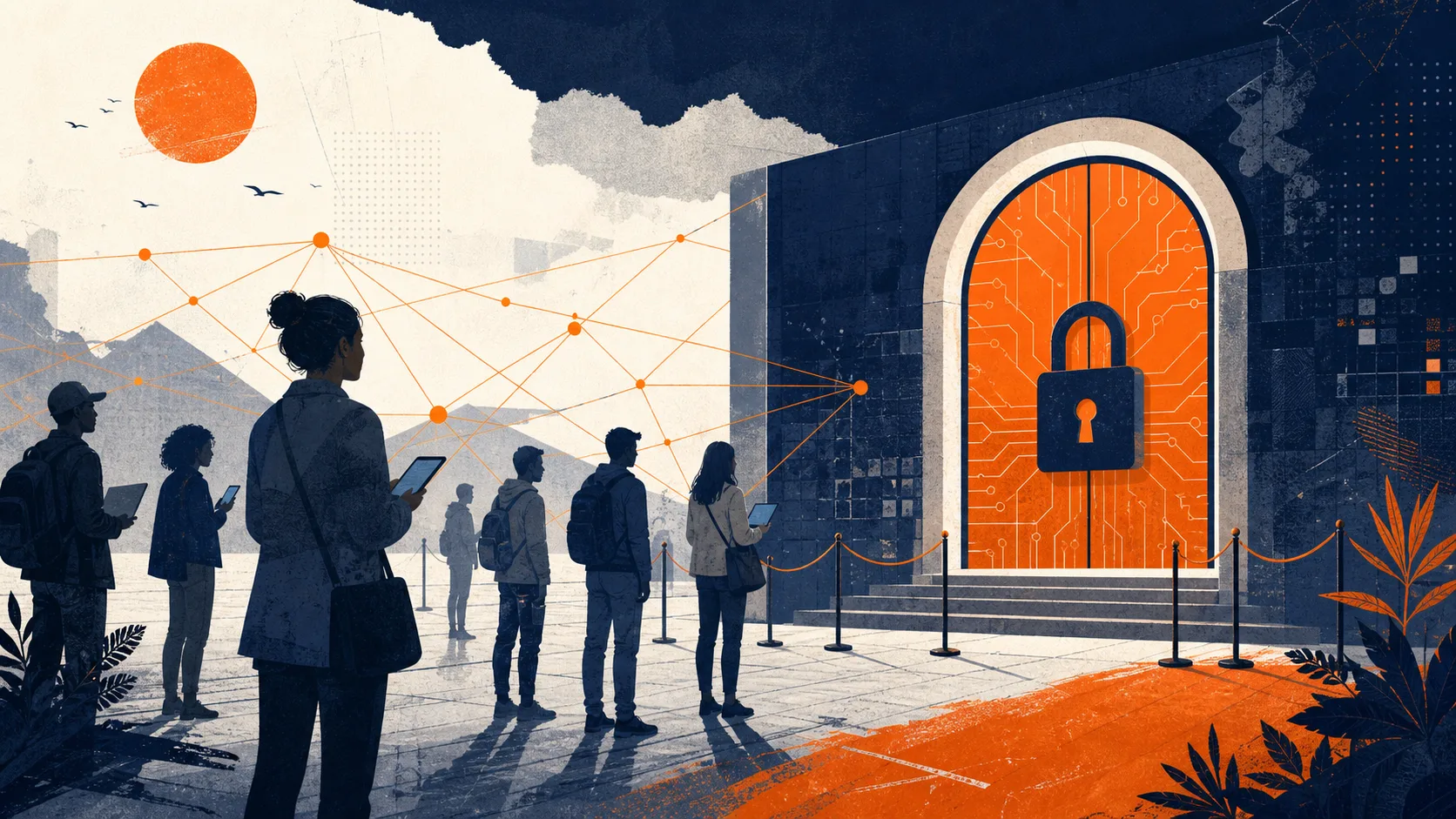 Illustration of people holding devices outside a locked digital access gate