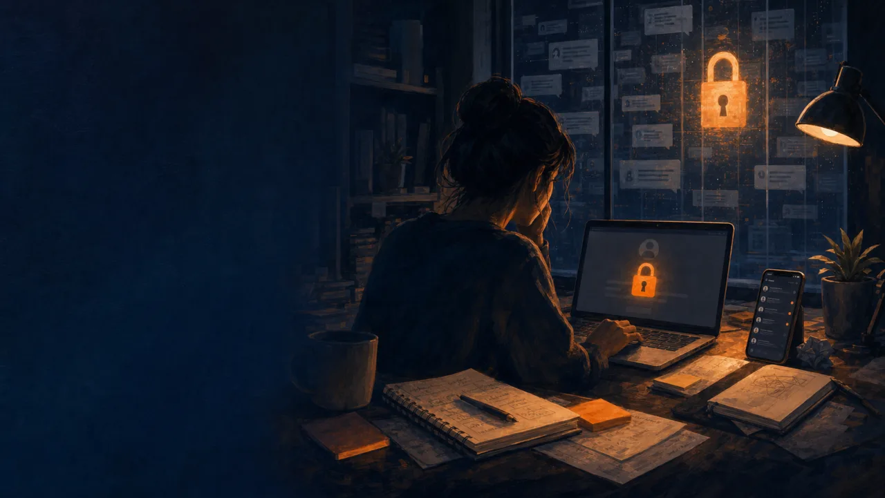 Painted desk scene with a person facing a locked account and inaccessible work history