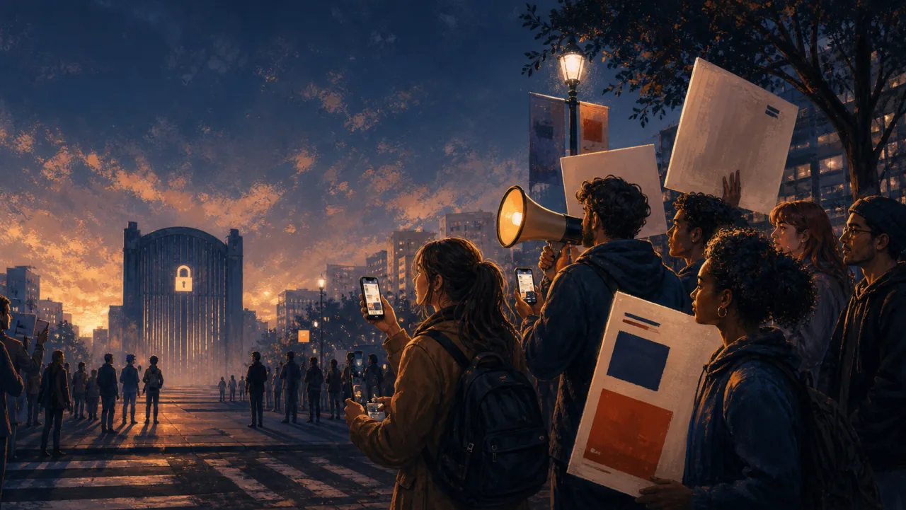 Painted civic scene where supporters use phones, posters, and public pressure near a locked digital gate